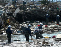 津波被災現場における捜索活動の写真