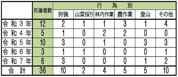 過去５年間の行為別発生状況の表