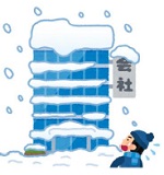会社のビルの屋根や窓枠に雪が積もり、今にも落ちそうな状態のイラスト